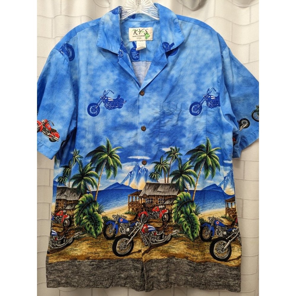KY'S Hawaiian Shirt Motorcycles Blue Beach Ocean Button Men's Medium w/flaw